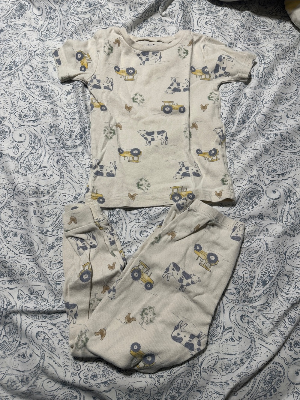 Carter's Cream Pajama Set with Yellow Tractor & Blue Cow Print